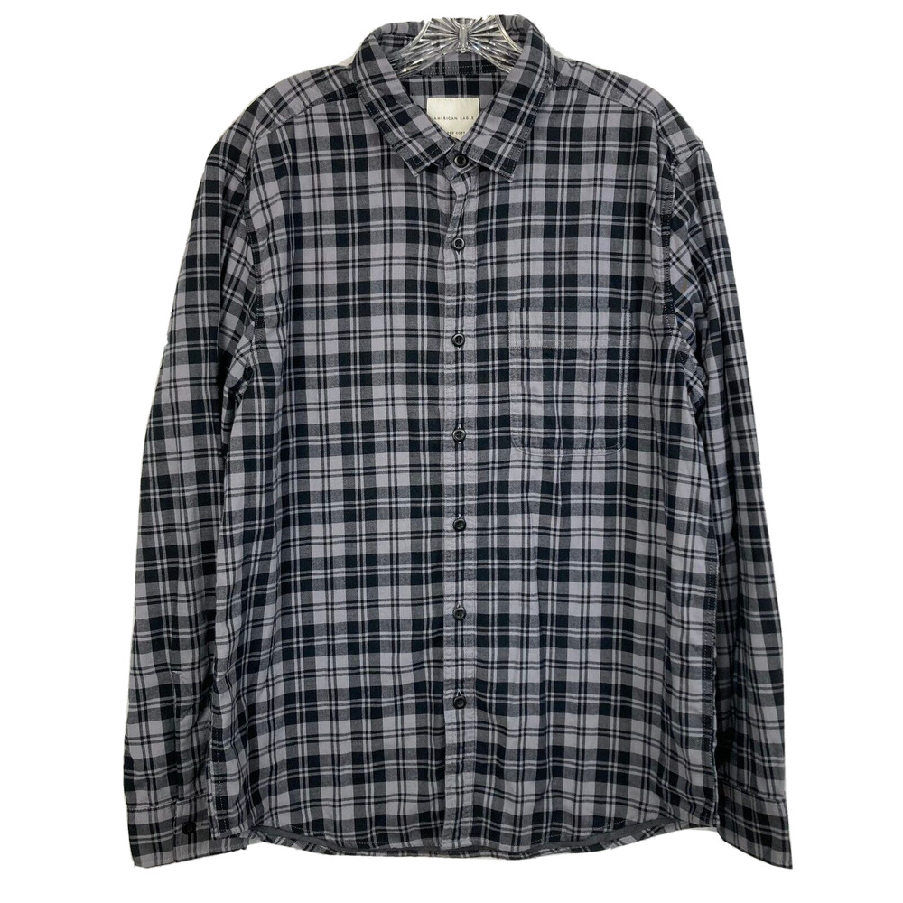 NWT American Eagle Outfitters‎ Shirt Mens Sz L Gray Black Plaid Cotton Button Up